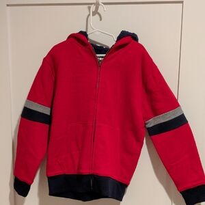 The Children's Place Sherpa-Lined Red Zip-Up Hoodie with Navy & Gray Stripes
